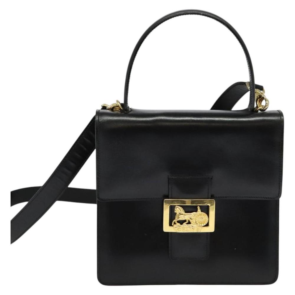 CELINE Hand Bag Leather 2way Black Gold Auth sw1250 - Picture 13 of 16